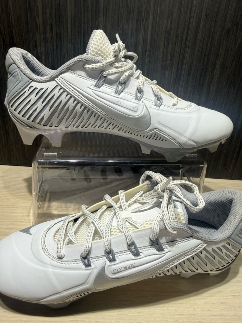 Nike White and Light Gray Flywire Football Cleats
